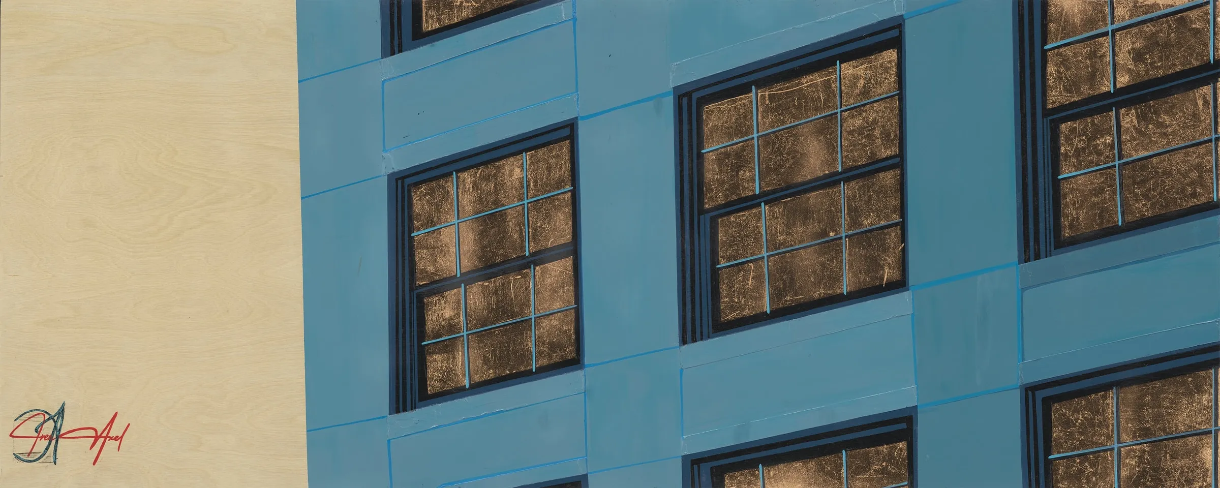Scan of the painting: a blue building facade seen from below, its dark-framed windows filled with gold leaf, on a wide panel with bare wood at the left